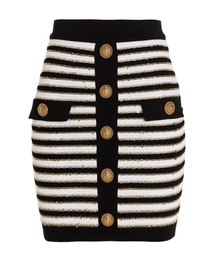 Balmain Button-embellished Metallic Striped Knitted Mini Skirt In Black