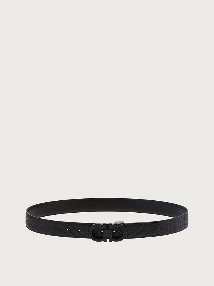 Ferragamo Black Reversible Belt With Gancini Buckle On The Front And All-over Gancini Motif In Black