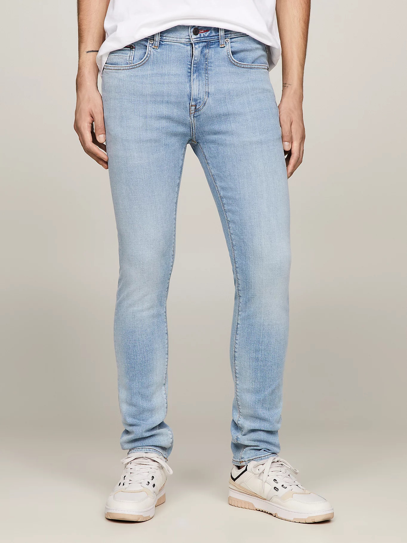 Shop Tommy Hilfiger Belt Ring Denim Trousers In Blue