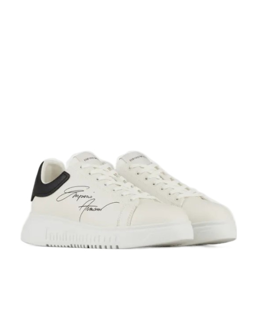 Emporio Armani Signature Logo-print Leather Sneakers In White