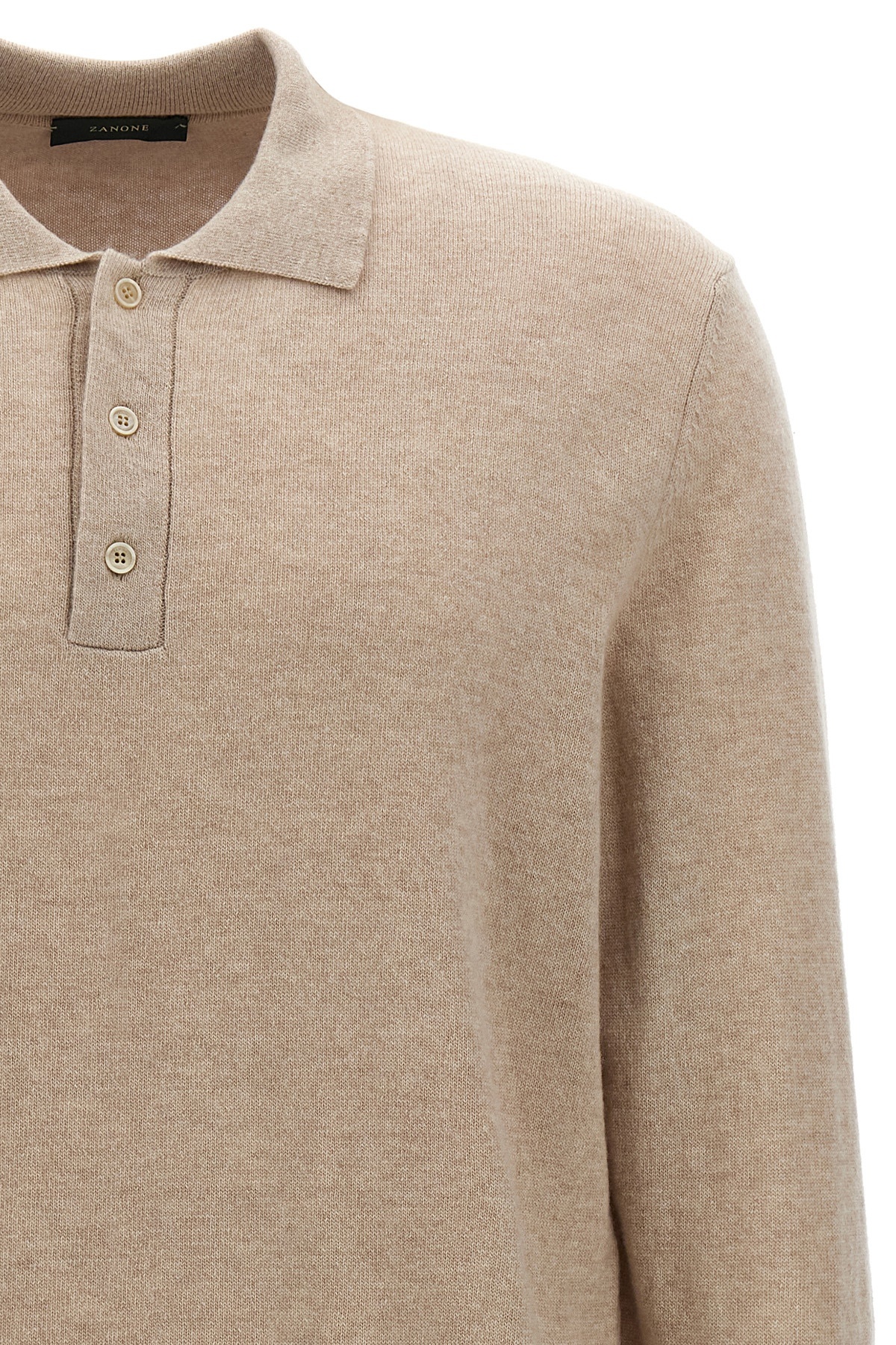 Zanone Cashmere Blend Long Sleeve Polo Shirt With Classic Collar In Nude