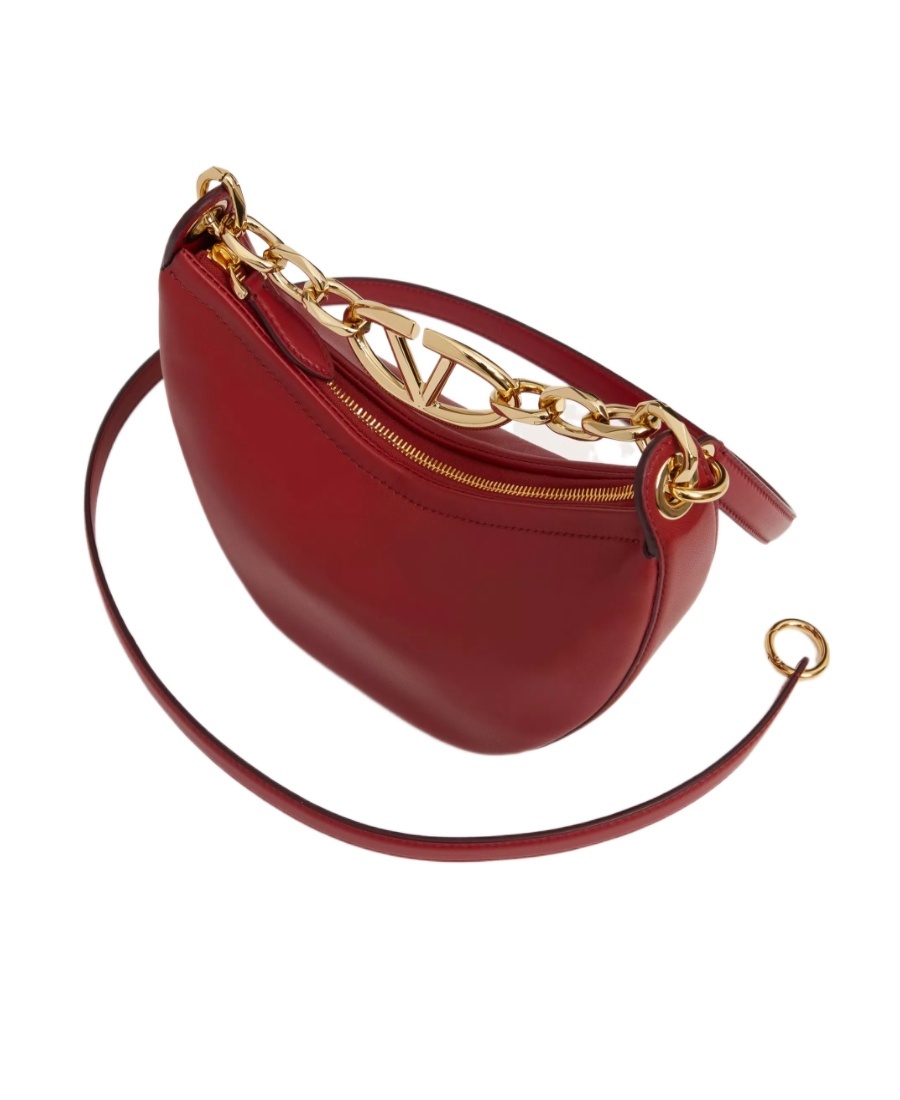 Shop Valentino Mini Vlogo Moon Hobo Bag In Nappa Leather With Chain In Red