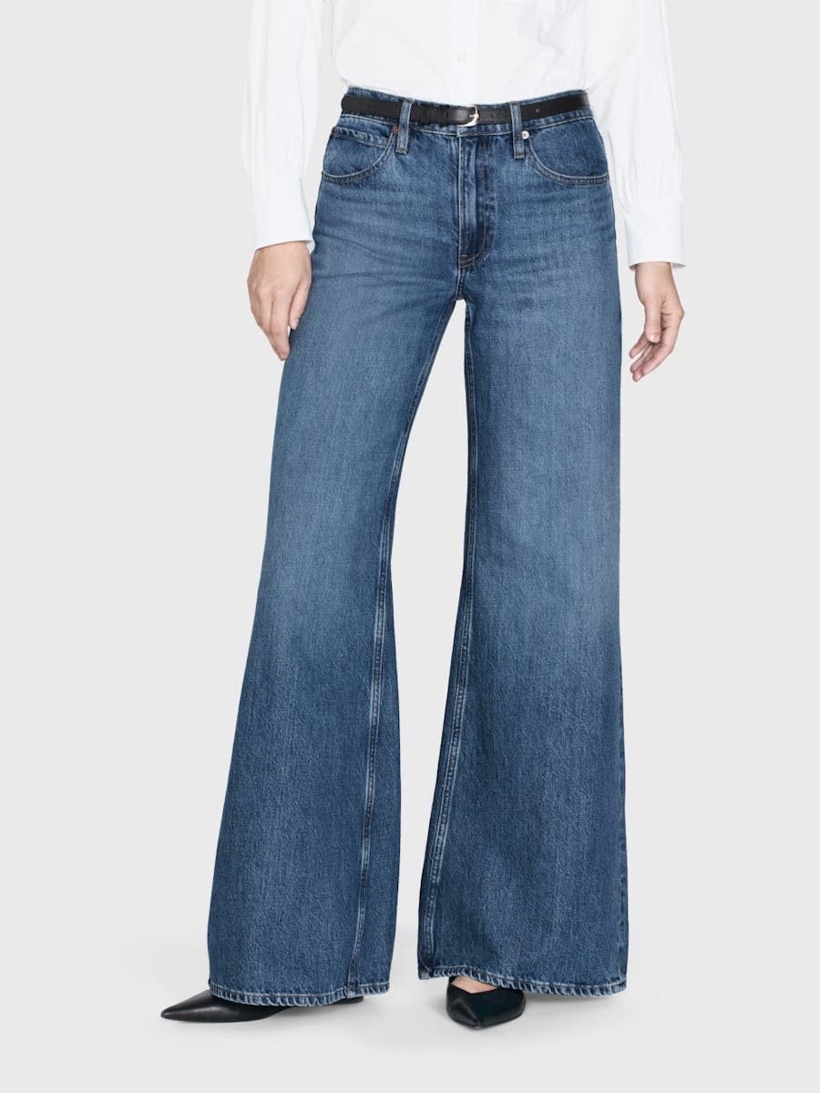 Frame Womens Tommy Drape Wide-leg Cotton-blend Jeans In Blue