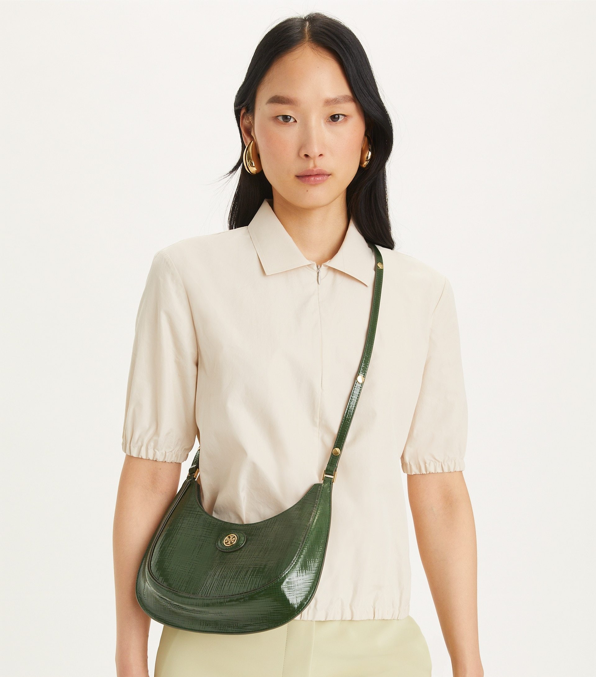 Tory Burch The Robinson Crosshatched Shoulder Bag In Green
