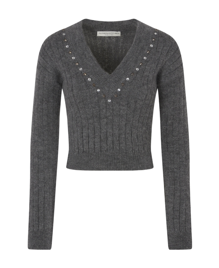 Alessandra Rich Wool Knit Sweater With Studs And Crystals In Black