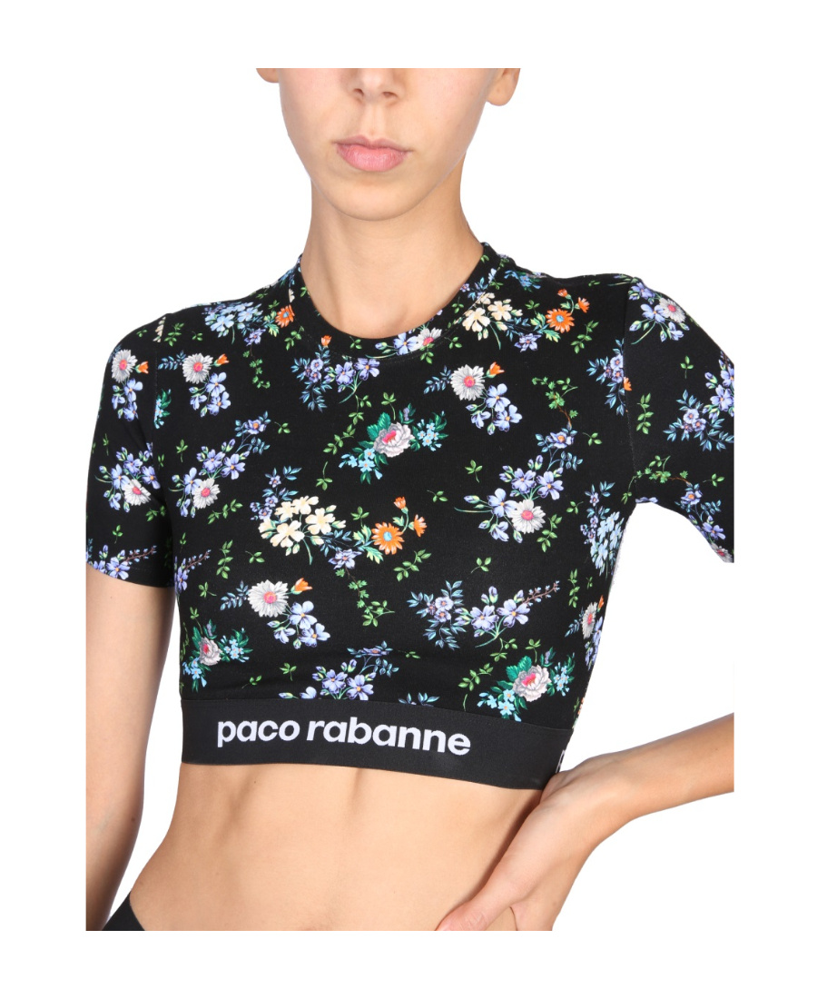 Shop Rabanne Paco Paint-splatter Print Logo-band Crop Top In Black