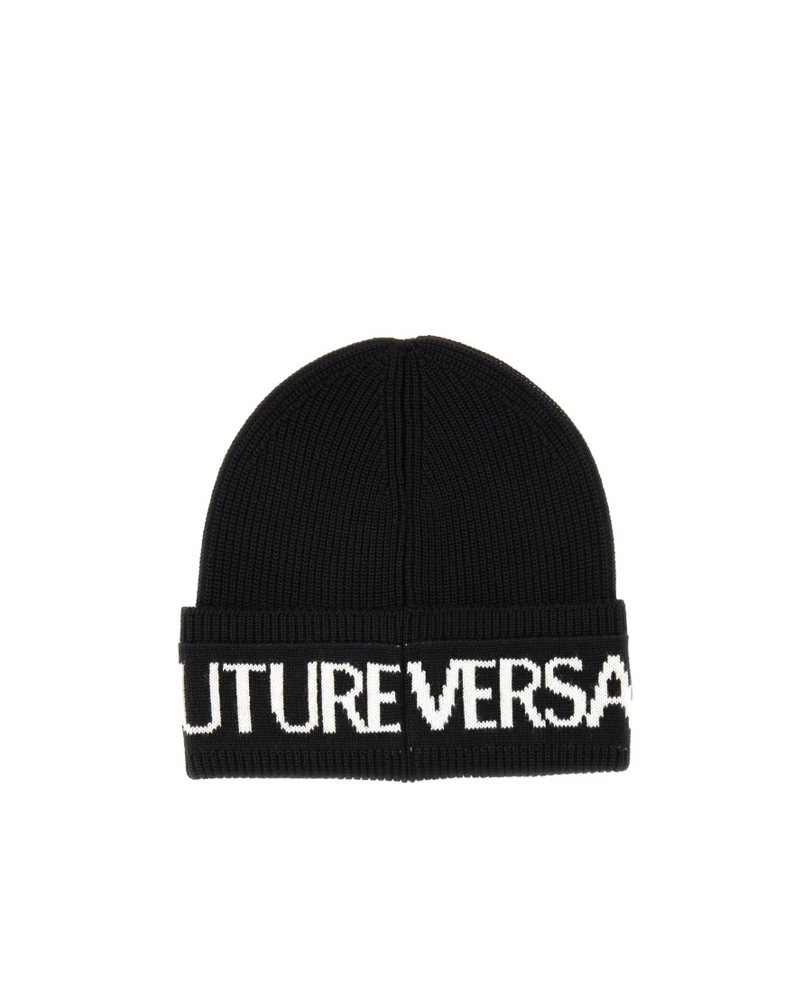 Versace Jeans Intarsia-knit Logo Ribbed-knit Wool Blend Beanie In Black