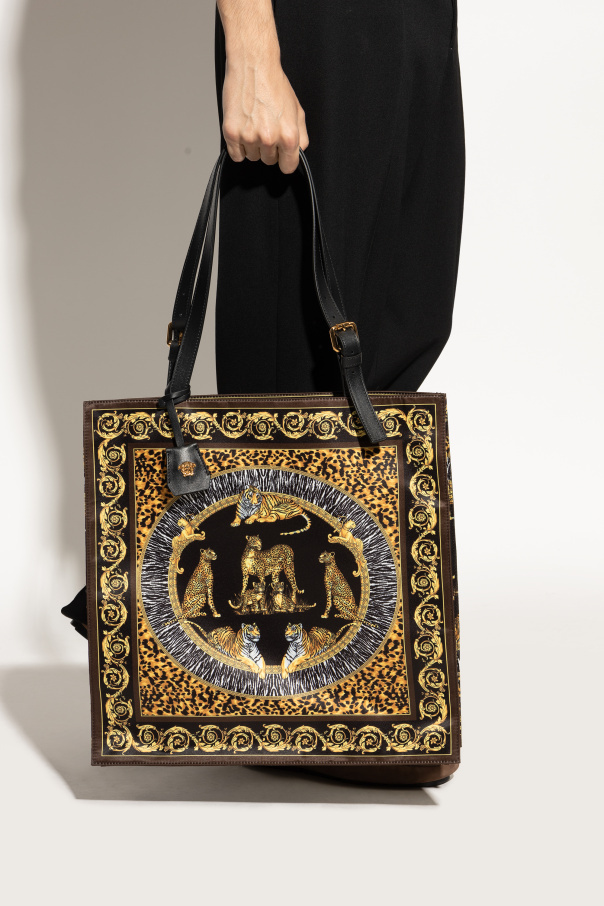 Versace Animal Print Tote Bag With Baroque Border In Black