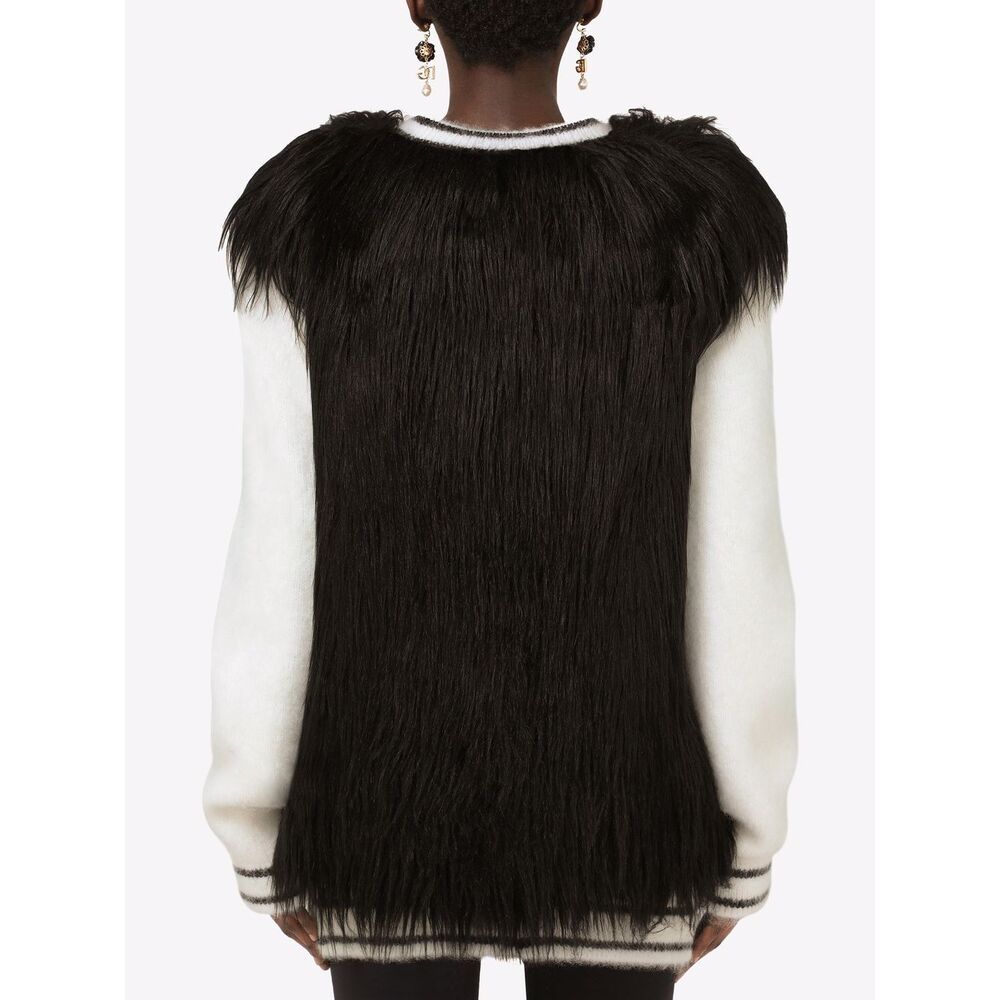 Dolce & Gabbana Logo Striped Trim Cardigan W/ Faux-fur Back In White