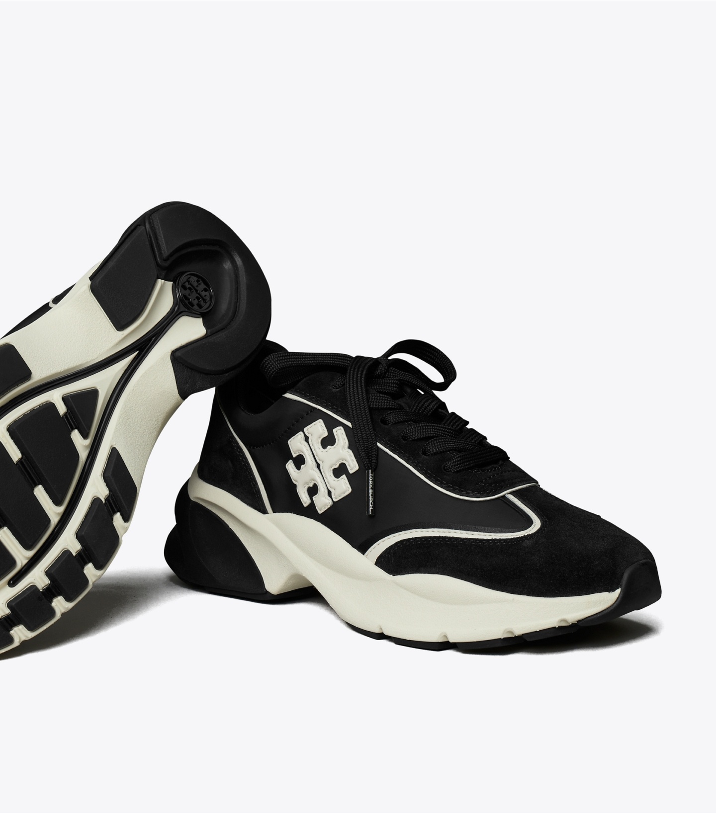 Tory Burch Good Luck Black And White Sneakers With Double T Detail In Tech Jersey And Fabric Woman In Black