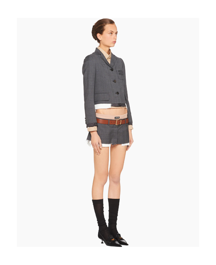 Miu Miu Logo-embroidered Prince Of Wales Check Crop Blazer In Gray