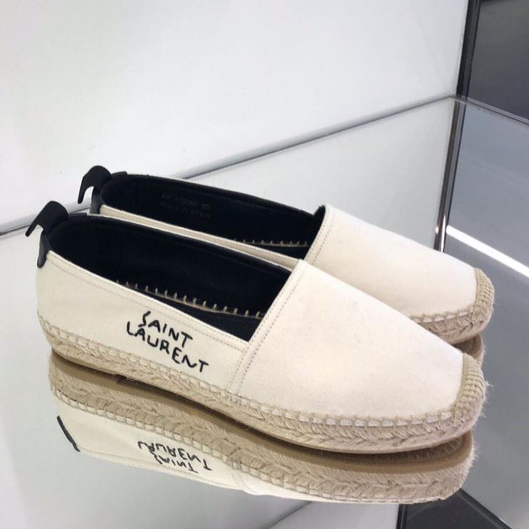 Saint Laurent Logo Embroidery Straw Shoes In White