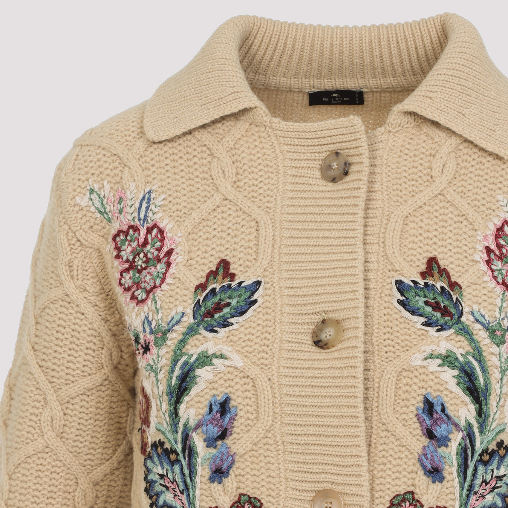 Etro Embroidered Cable-knit Wool And Cashmere-blend Cardigan In Neutral