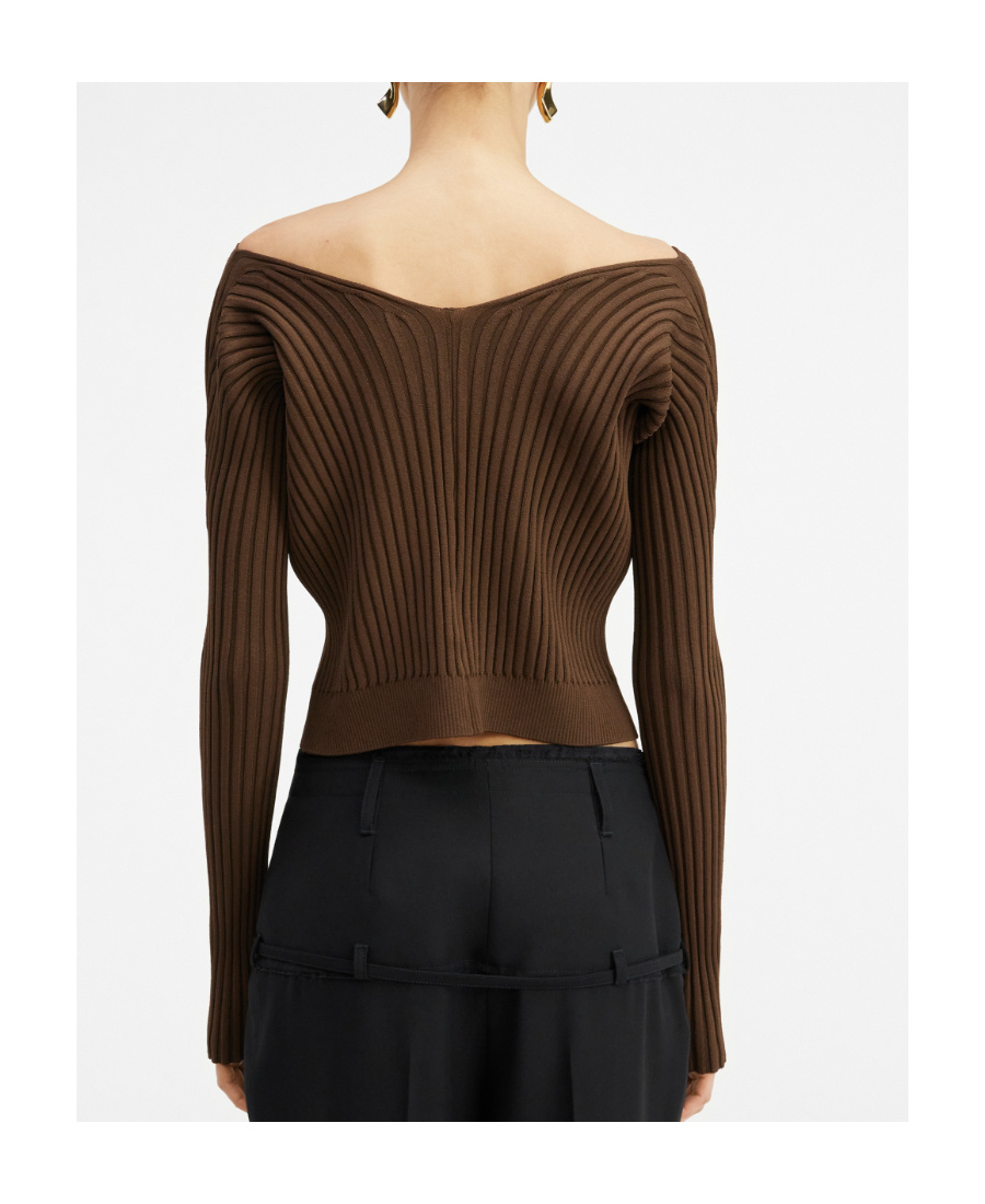 Jacquemus 'la Maille Pralu Longue' Brown Ribbed Cardigan With Logo Charm In Viscose Woman In Brown