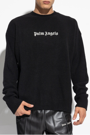 Palm Angels Black Cotton Crew Neck Sweatshirt With White Logo In Black