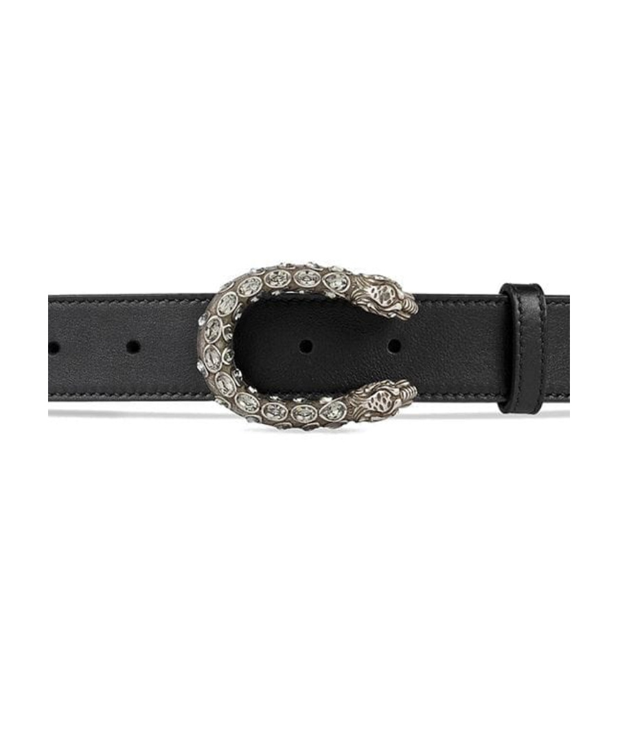 Gucci Leather Belt With Crystal Dionysus Buckle In Black