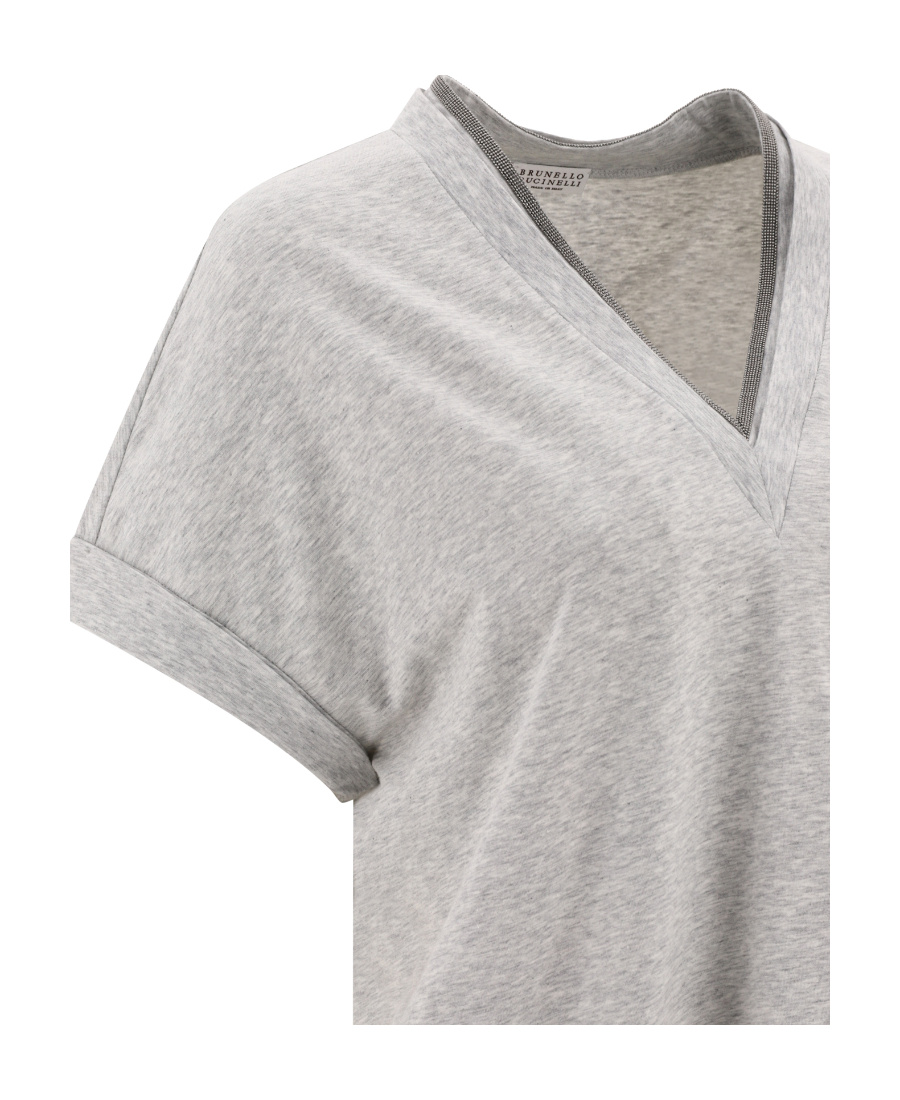 Brunello Cucinelli Embellished V-neck T-shirt In Gray