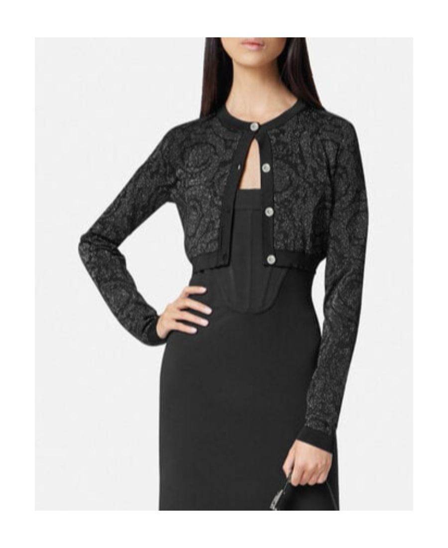 Versace Lurex Cropped Cardigan With Barocco Motif In Black