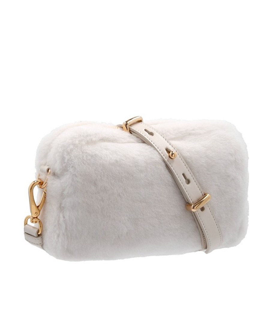 Prada Triangle-plaque Shearling Shoulder Bag In White