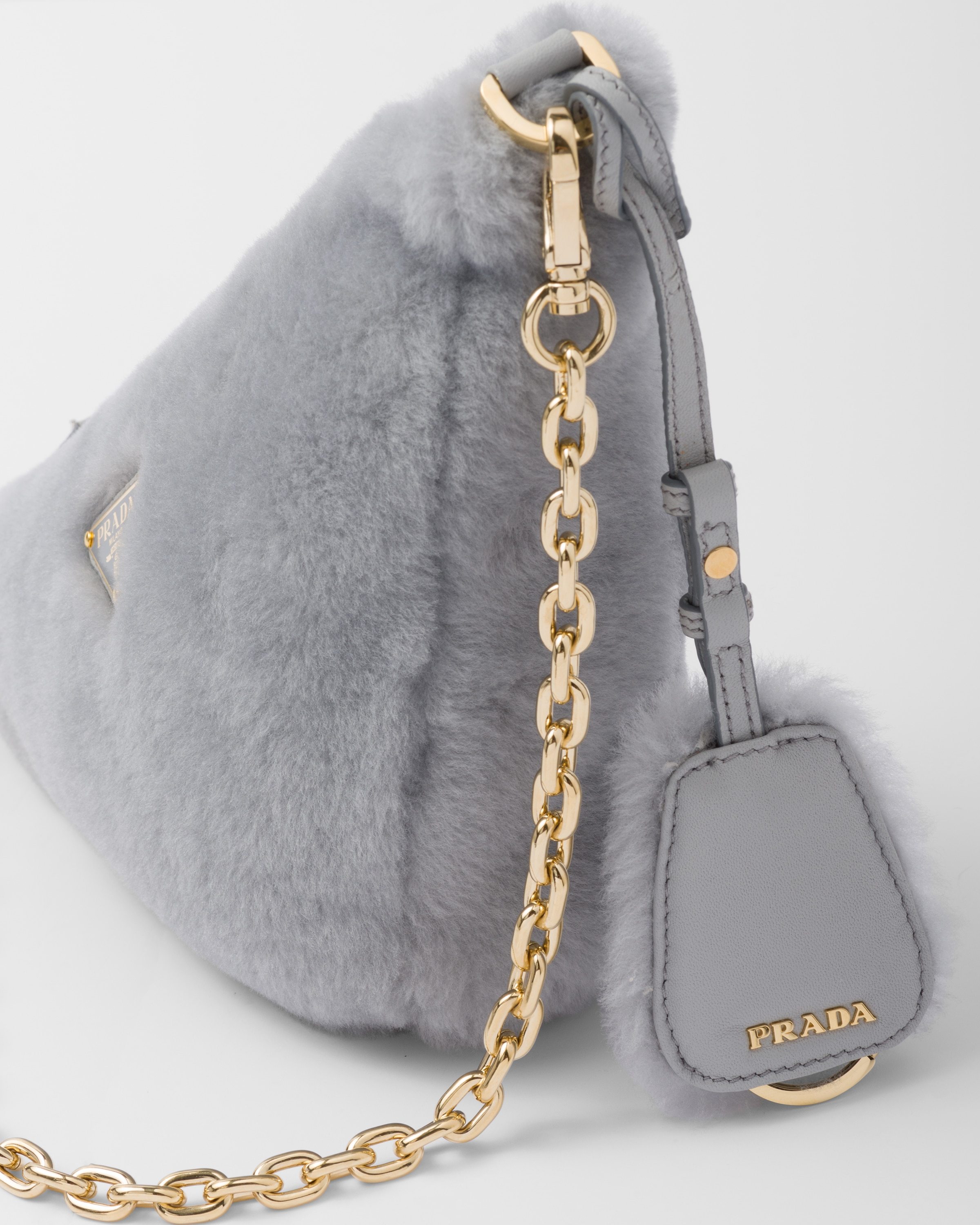Prada Grey Shearling Mini Shoulder Bag In Cornflower Blue