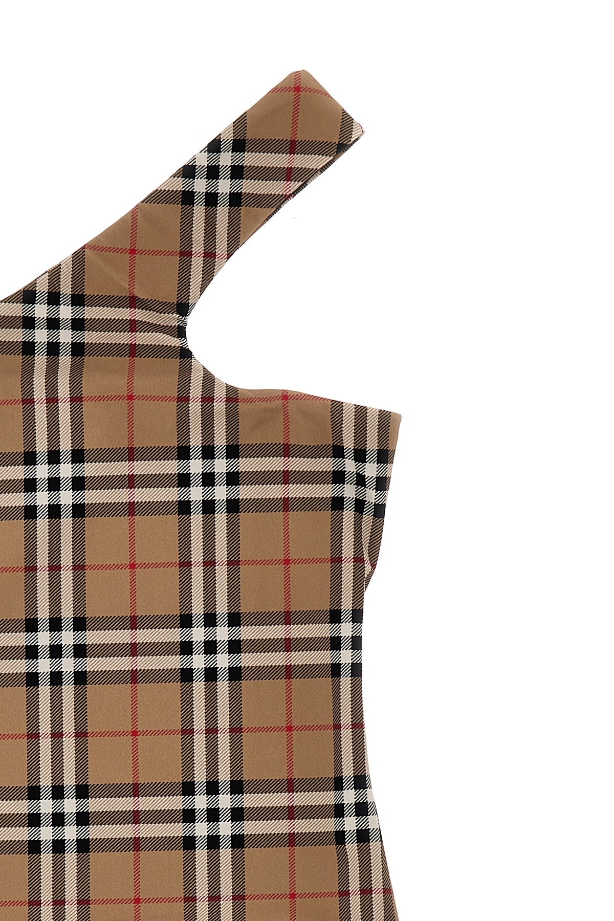 Burberry Check Stretch Nylon Asymmetric Swimsuit In Brown