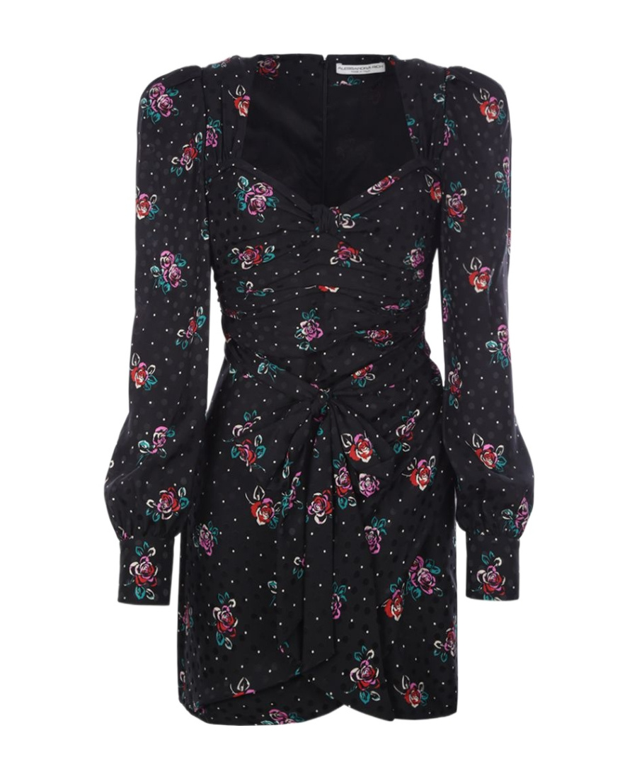 Alessandra Rich Ruched Wrap-effect Floral-print Silk-jacquard Mini Dress In Black