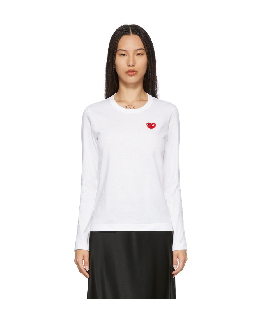 Comme Des Garçons Play White Heart Patch Long Sleeve T-shirt In White