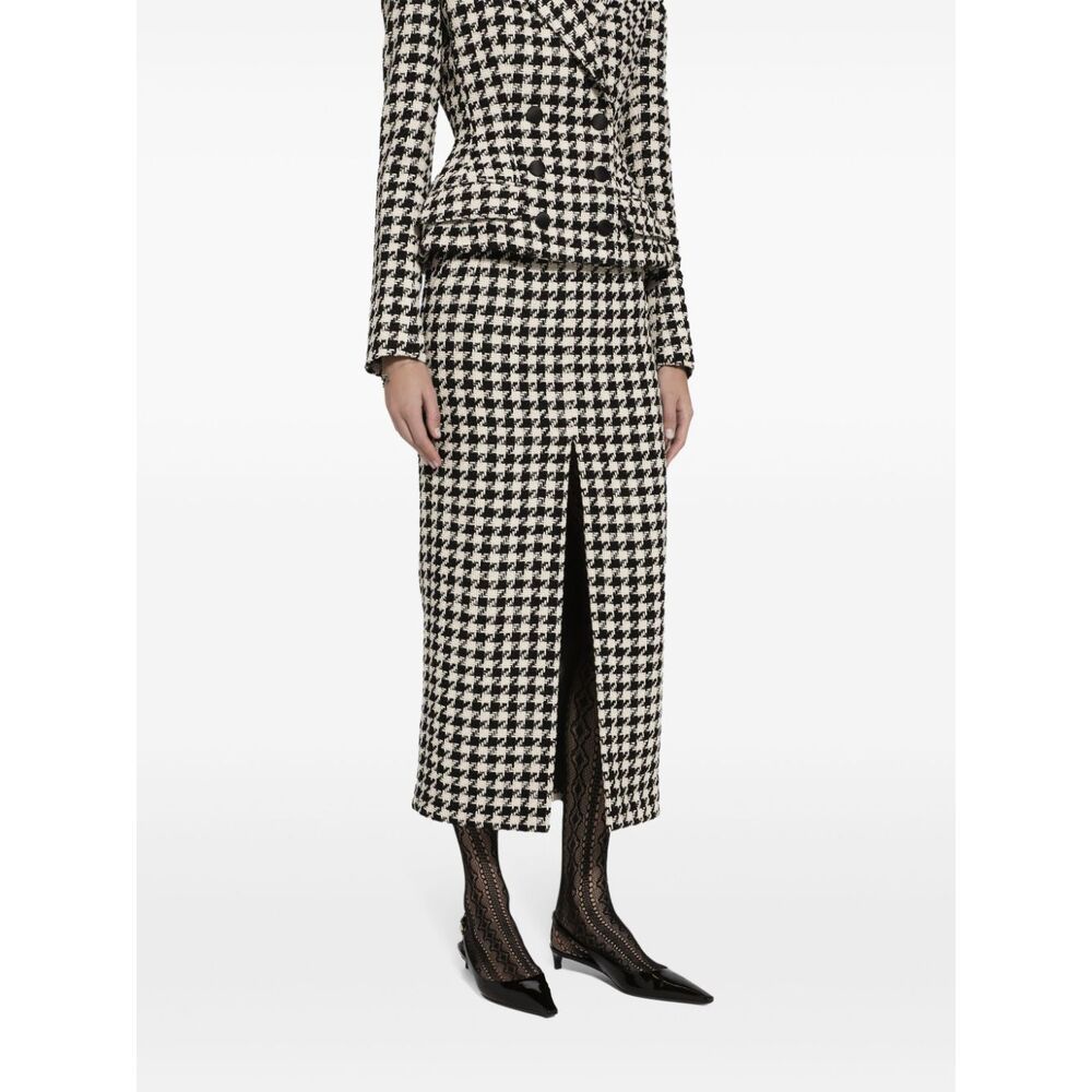 Dolce & Gabbana Houndstooth Wool And Cotton-blend Tweed Midi Skirt In Black