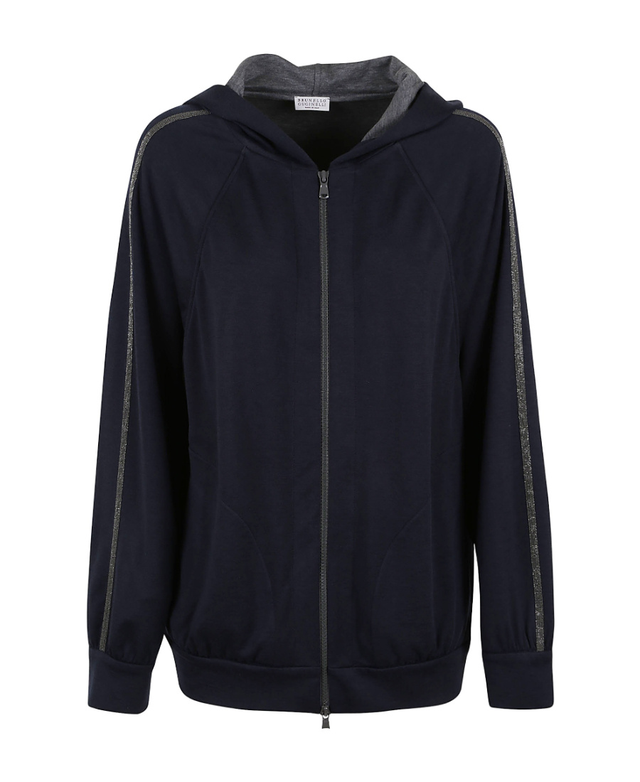 Brunello Cucinelli Monili-trimmed Zipped Hoodie In Blue