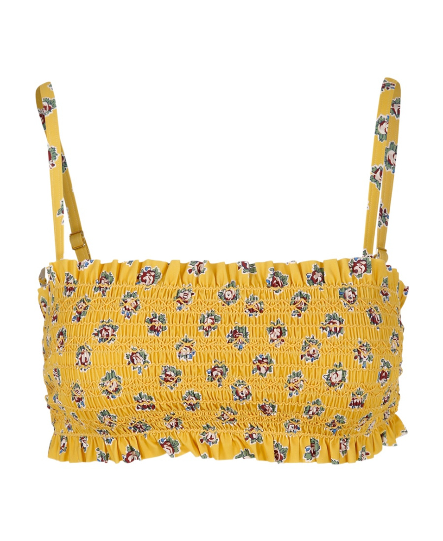 Tory Burch Costa Shirred Floral-print Bikini Top In Yellow