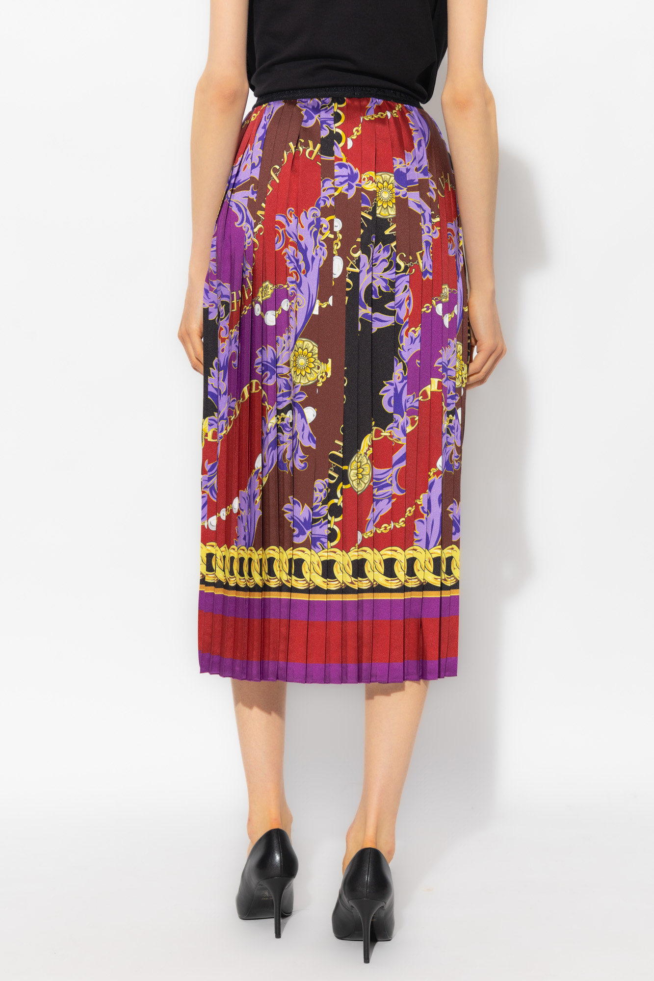 Versace Jeans Chain-print Plissé Midi Skirt In Red