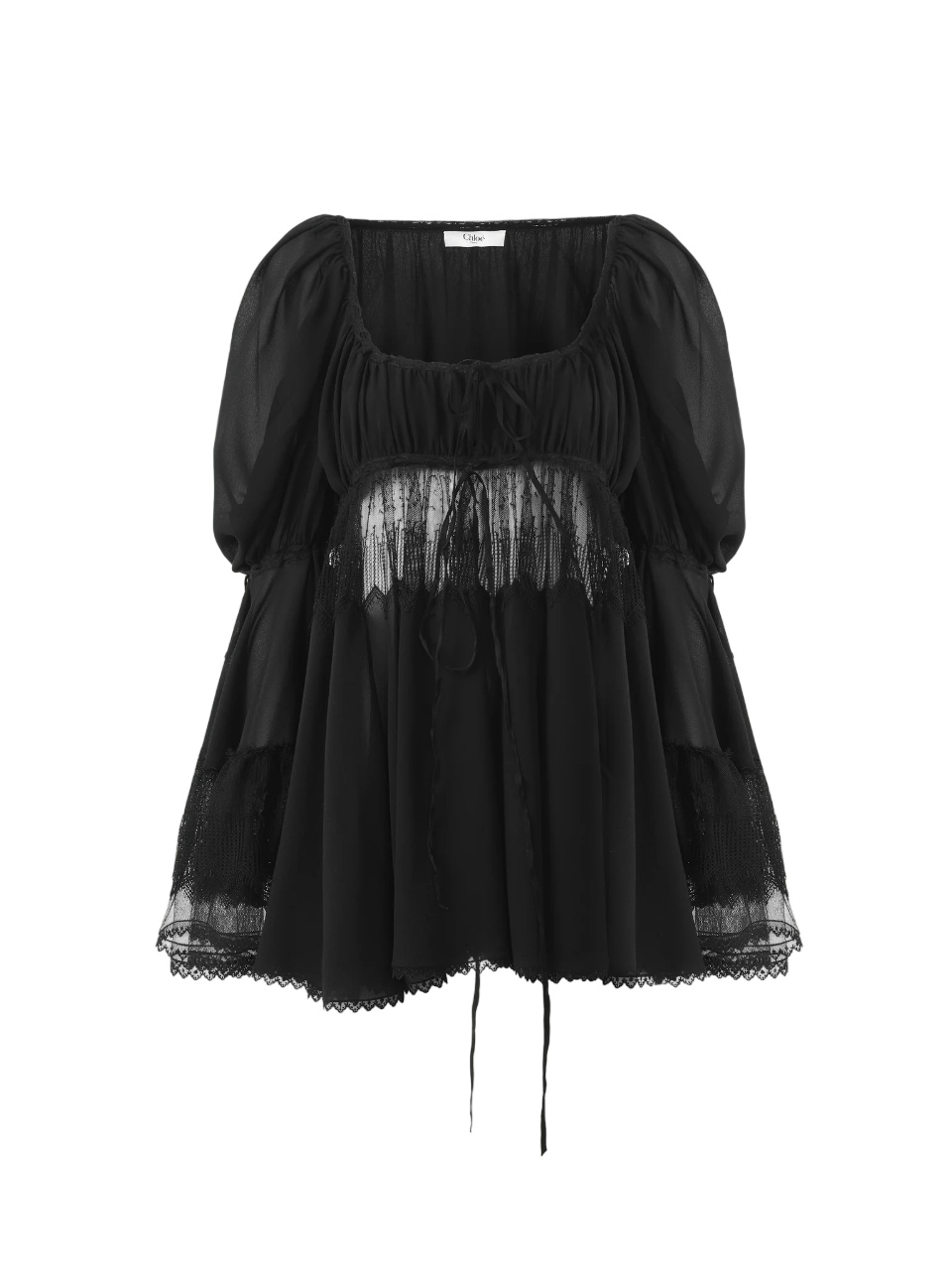 Chloé Scoop-neck Puff-sleeve Blouse In Black
