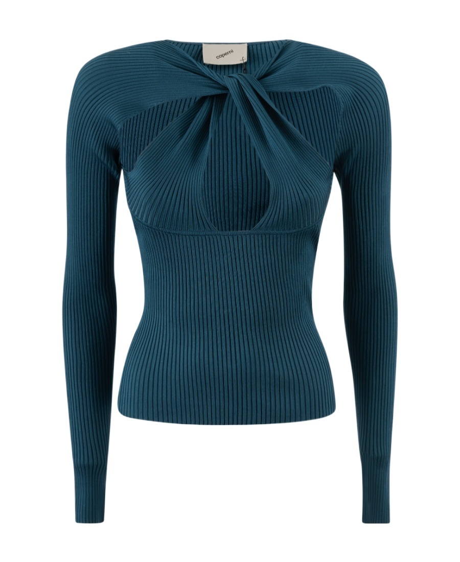 Coperni Fitted Long Sleeve Ribbed Twist Top In Blue