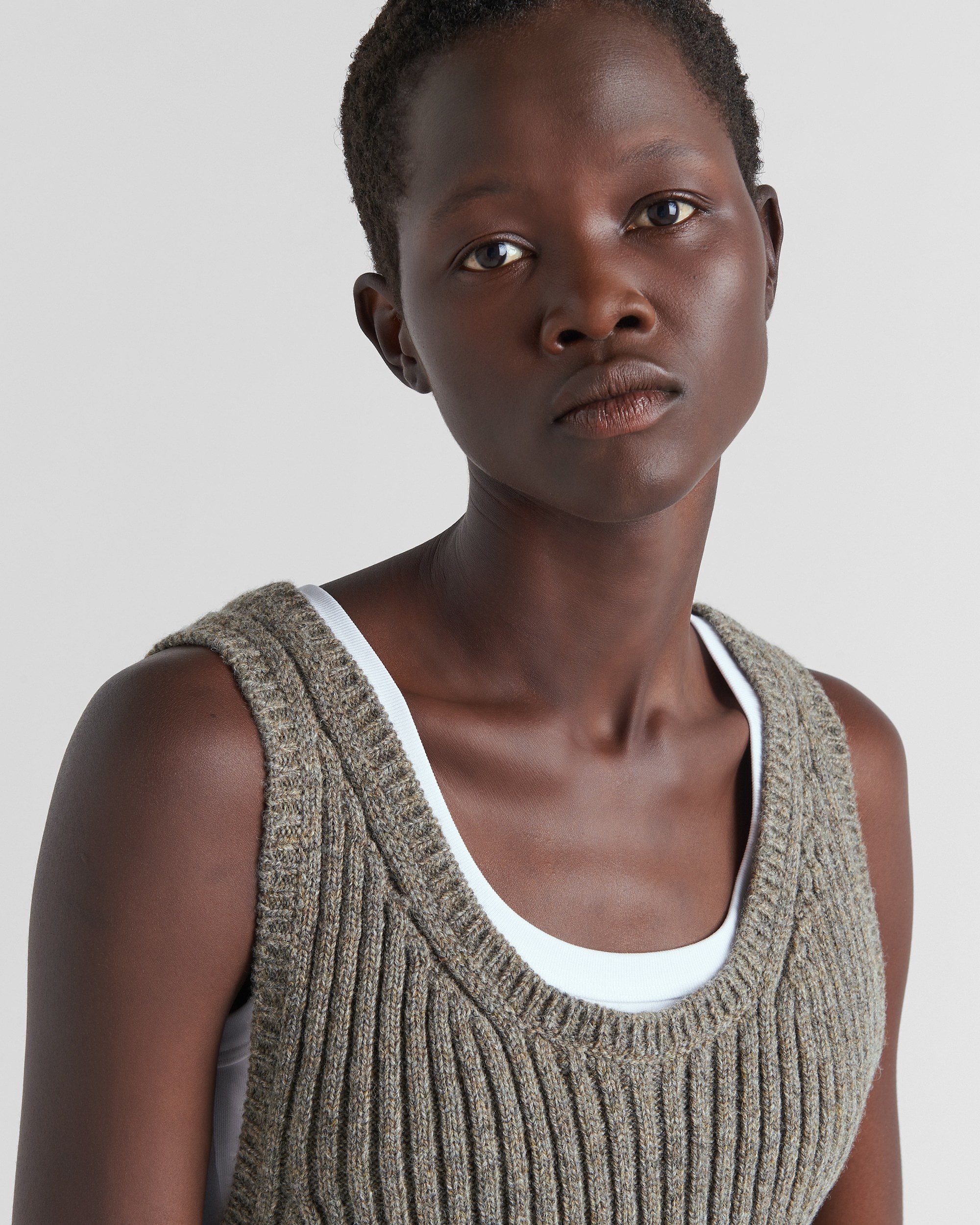 Prada Sleeveless Floral-embroidered Knit Dress In Nude