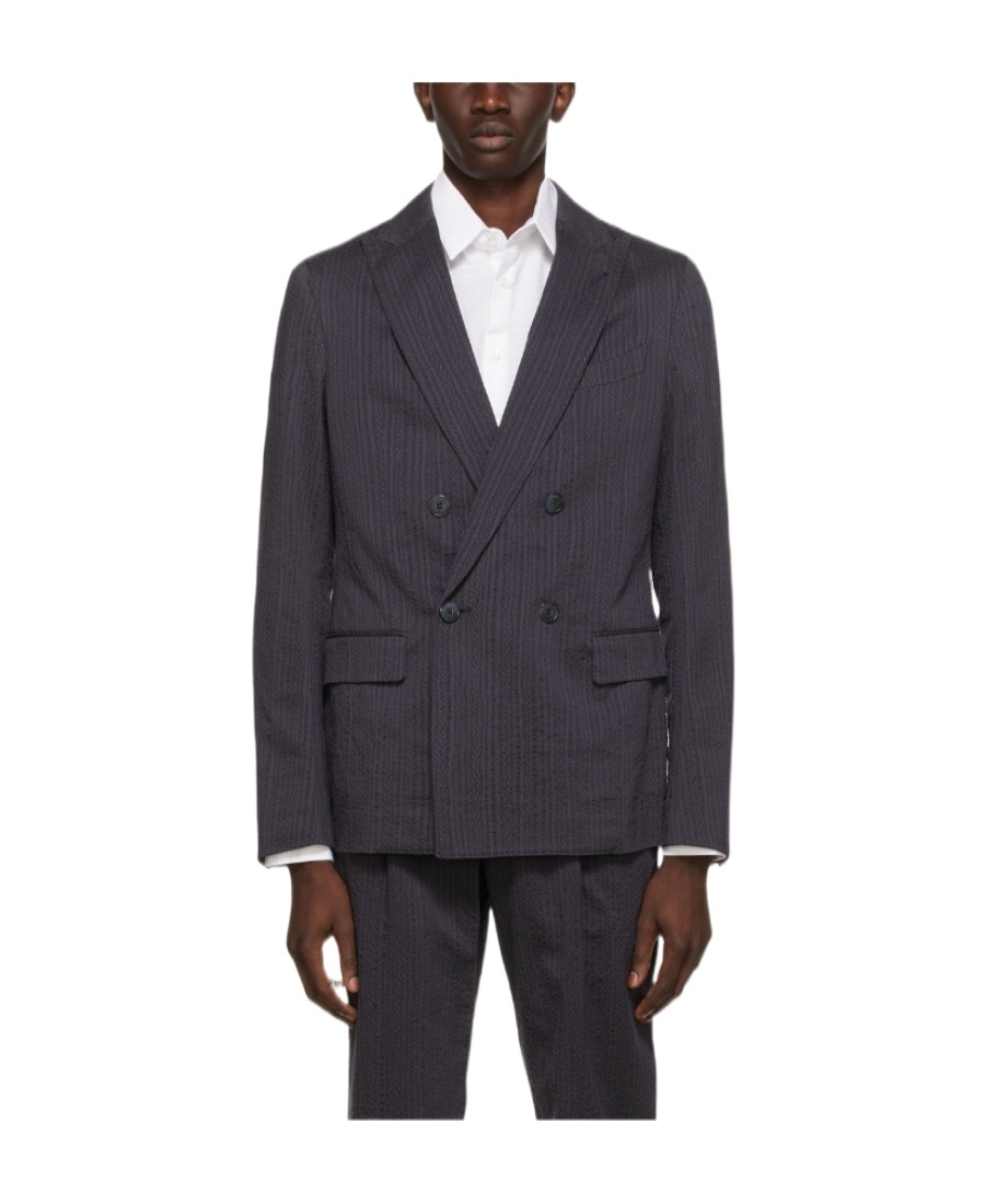 Giorgio Armani Navy Blue Logo Double-breasted Suit Jacket In Black