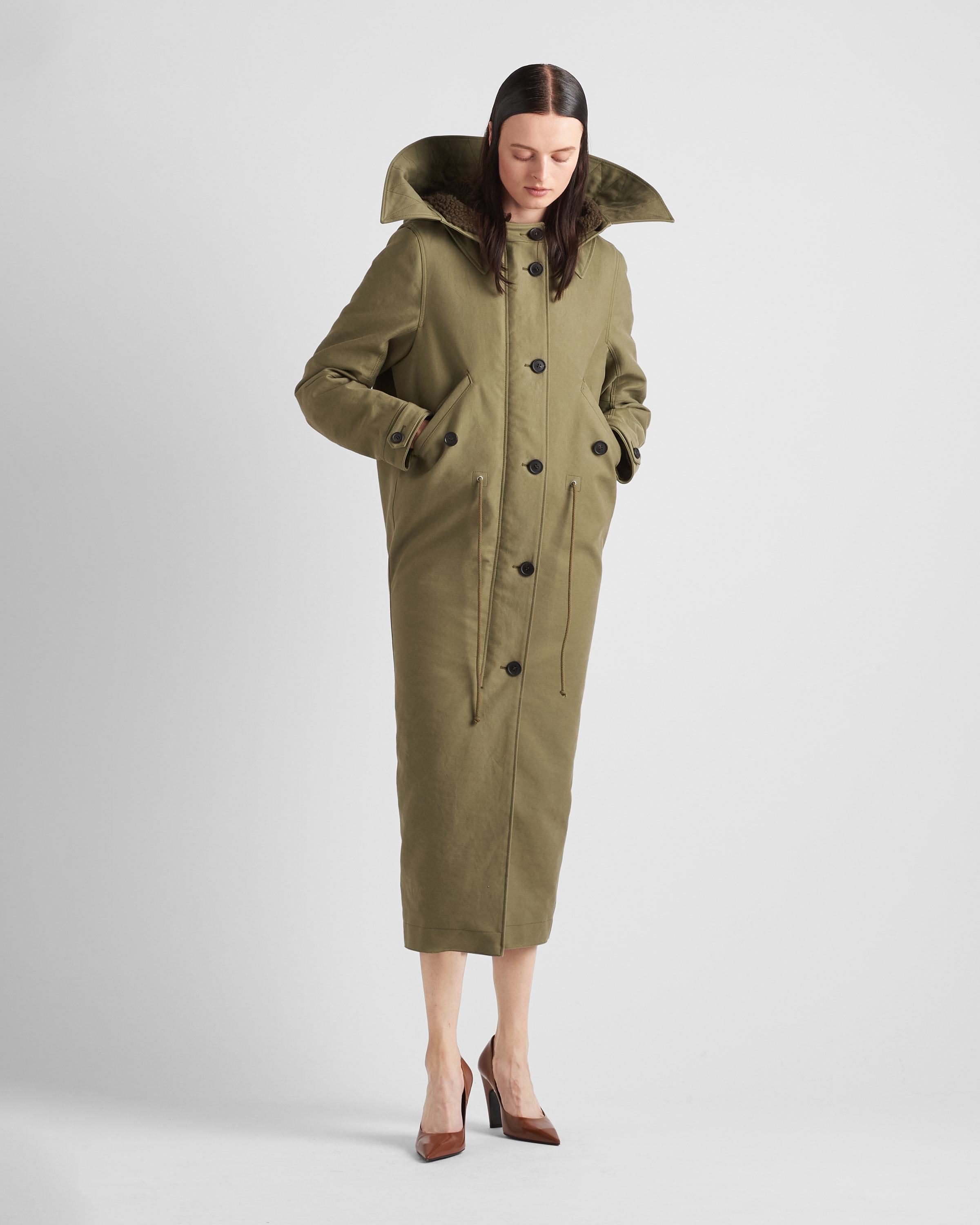 Prada Army Green Satin Cotton Parka Coat In Green