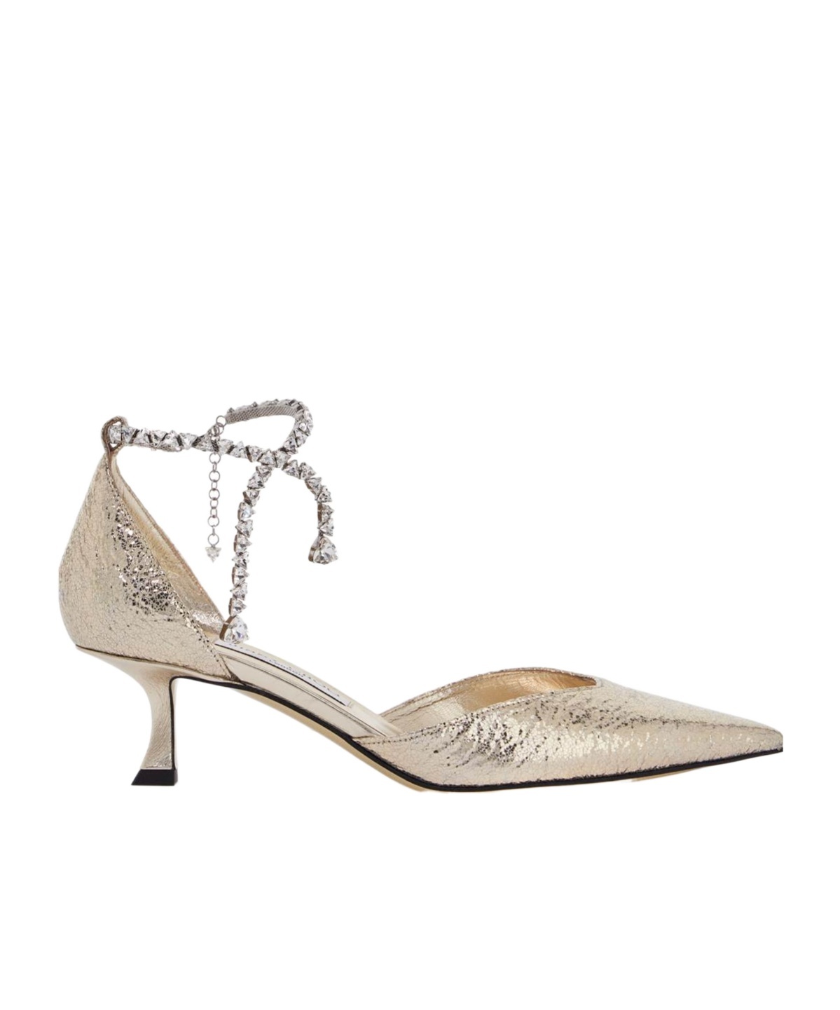 Jimmy Choo Metallic Crinkled Leather Pointed Toe Pumps With Crystal Ankle Strap In Nude