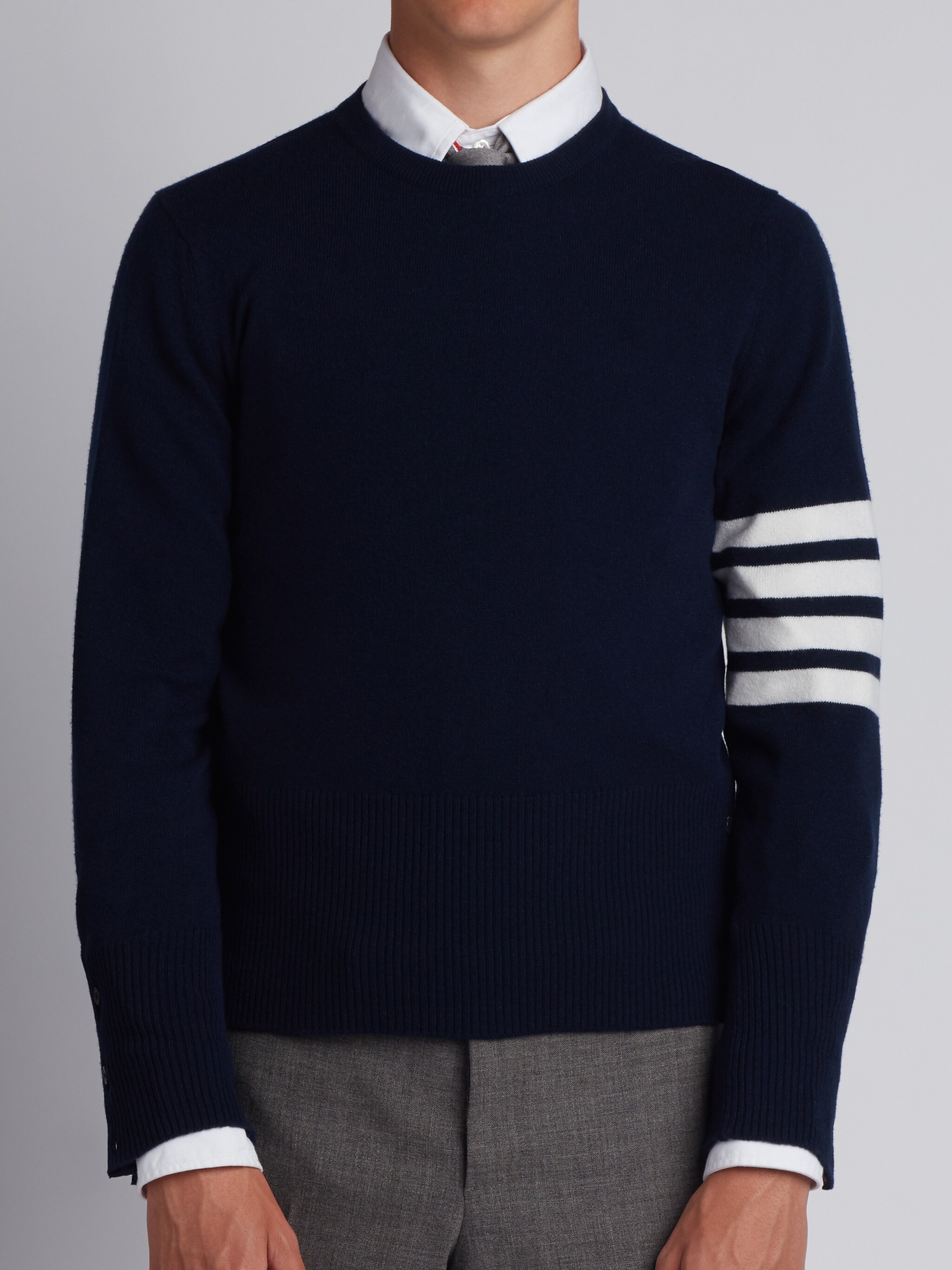 Thom Browne Ribbed Crewneck Sweater Striped Sleeves In Black