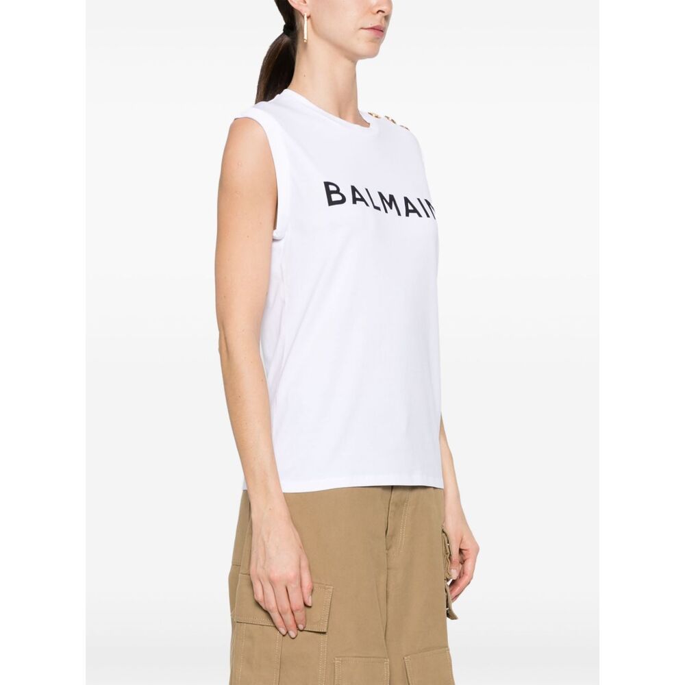 Balmain Button-detail Logo-print Tank Top In White