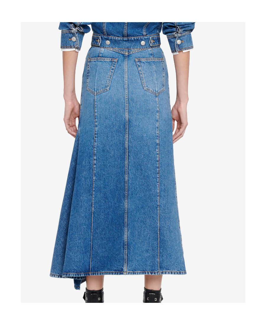 Alexander Mcqueen Denim Midi Skirt With Asymmetric High Slit In Blue