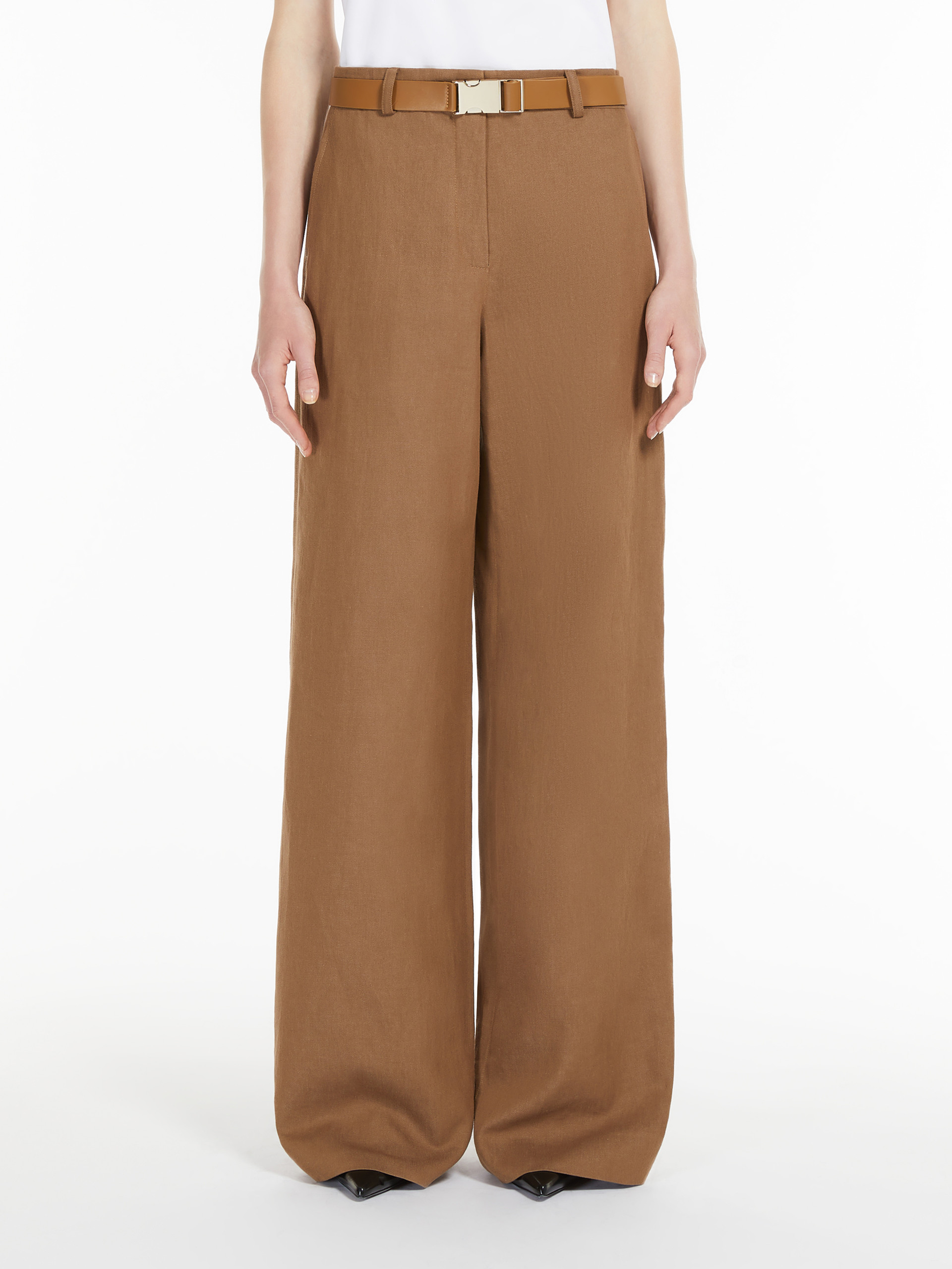 Max Mara Studio Belted Wide Leg Trousers In Brown