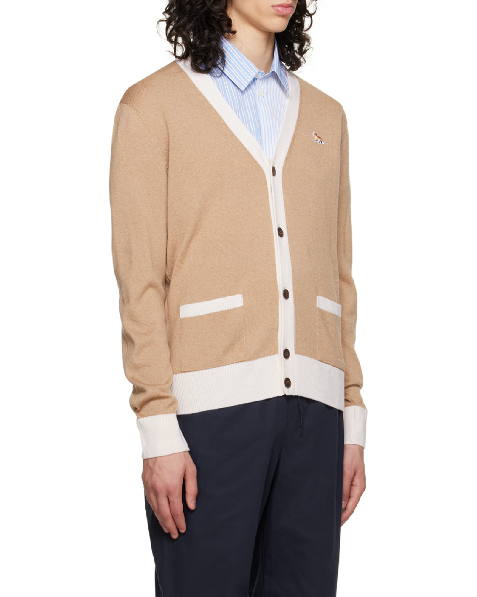 Shop Maison Kitsuné Baby Fox Patch V-neck Cardigan In Nude