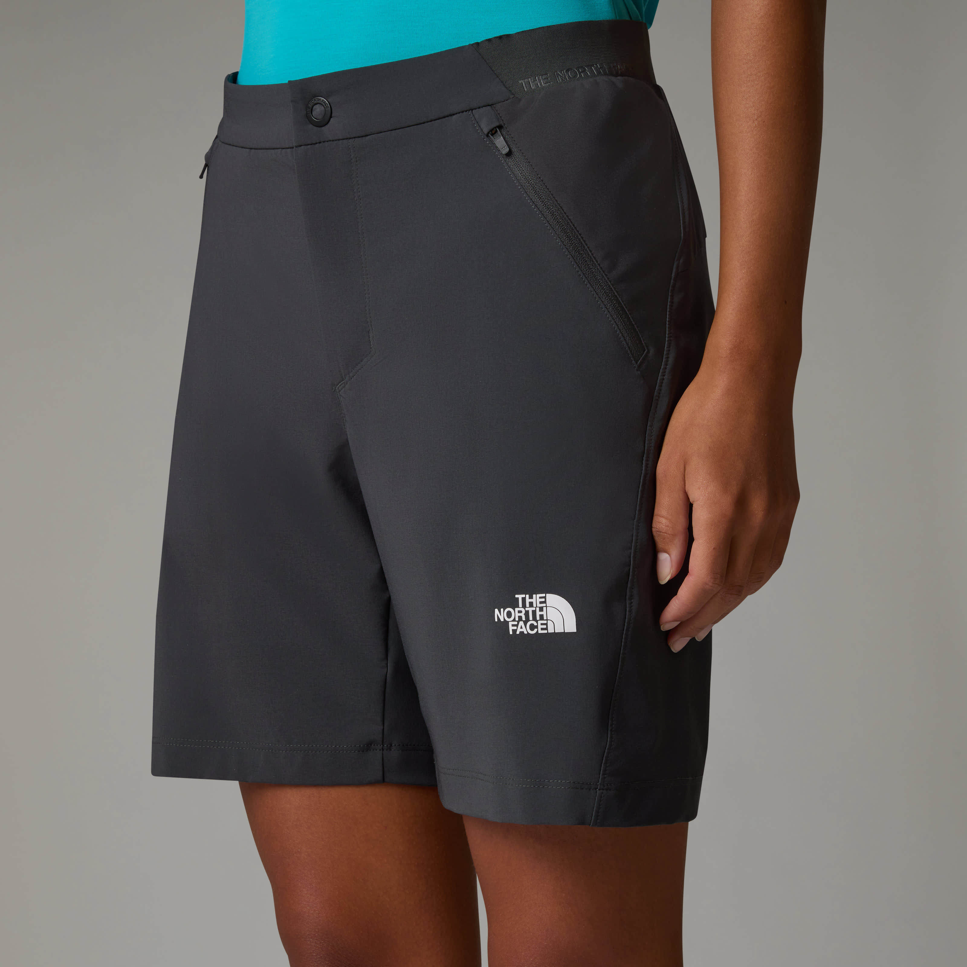 Shop The North Face Womens Felik Slim Tapered Shorts In Bitumen Ash-tnf Black