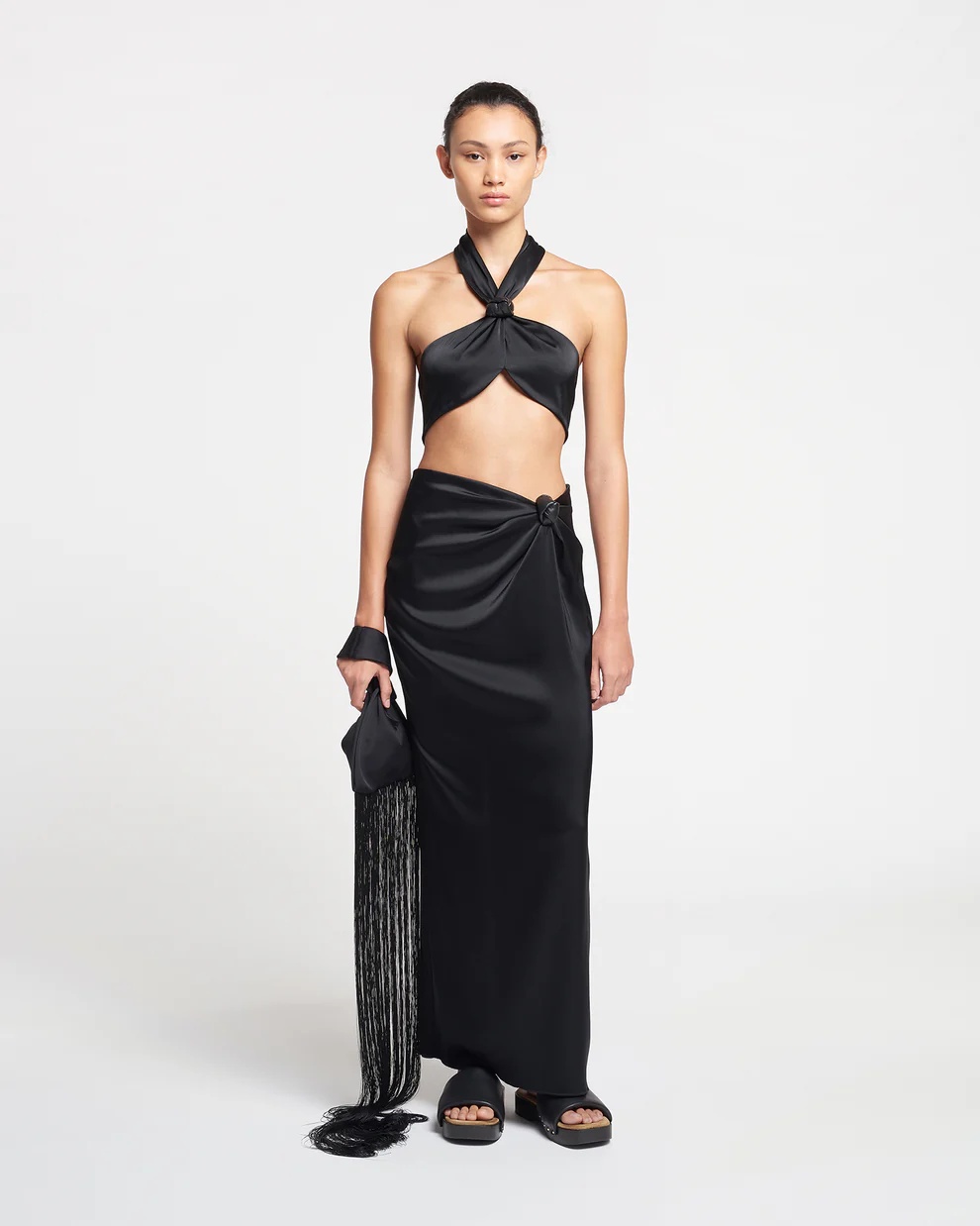 Nanushka Satin Knotted Midi Skirt In Black