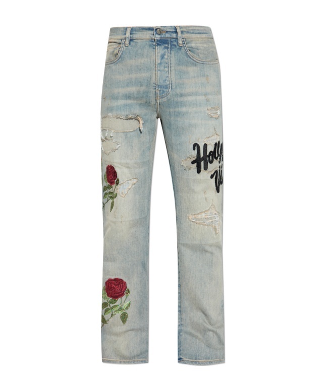 Amiri Rose-embroidered Distressed Jeans In Gray