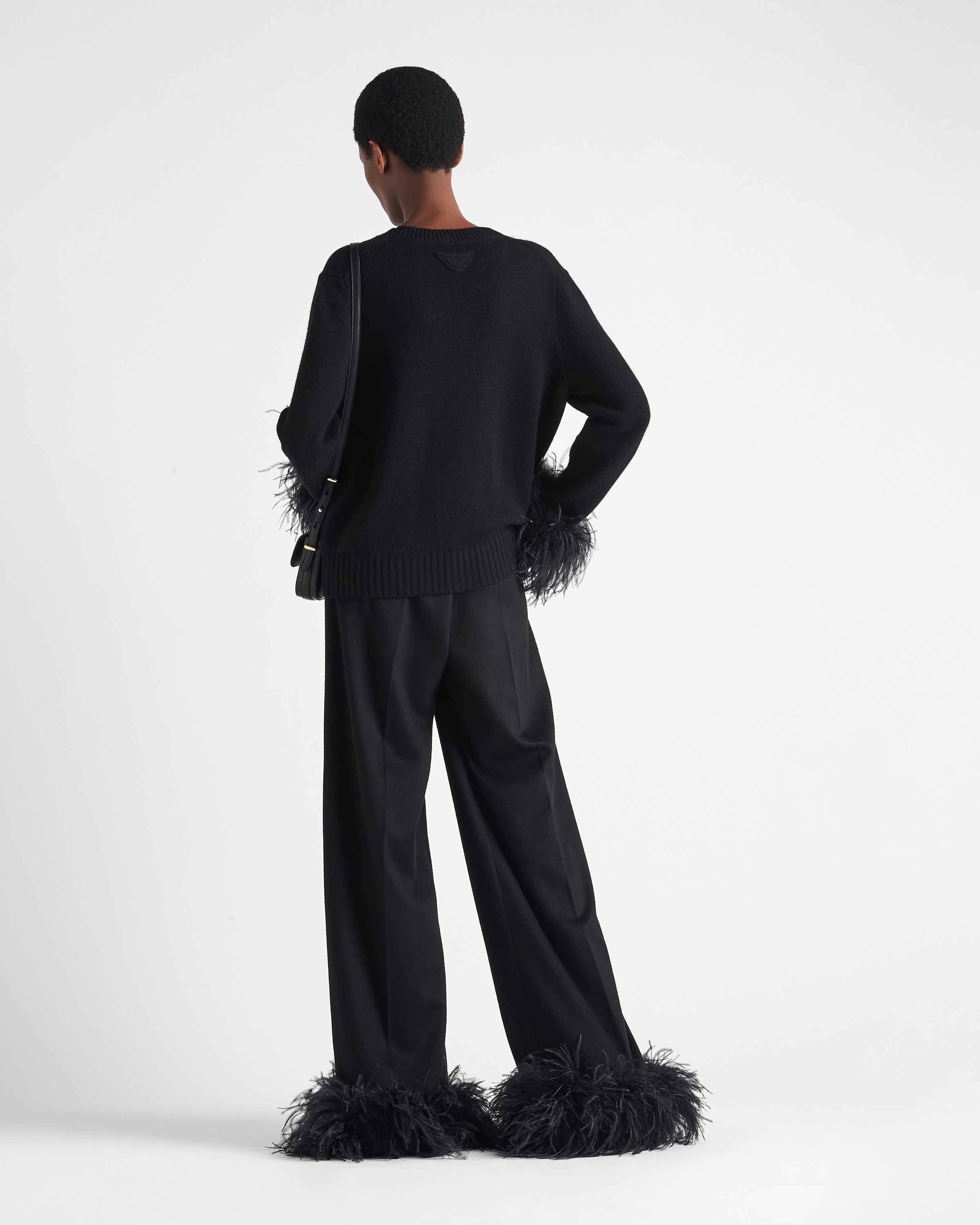 Prada Feather-trim Black Cashmere Cardigan With V-neck In Black