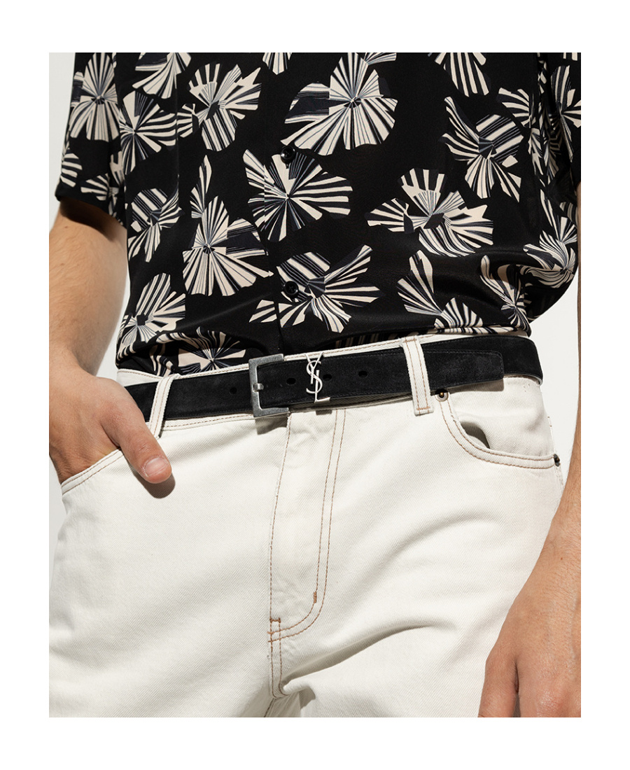 Saint Laurent Cassandre Square Buckle Belt In Lambskin In Black
