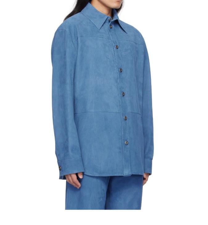 Bottega Veneta Lapel Long-sleeved Leather Jacket In Blue