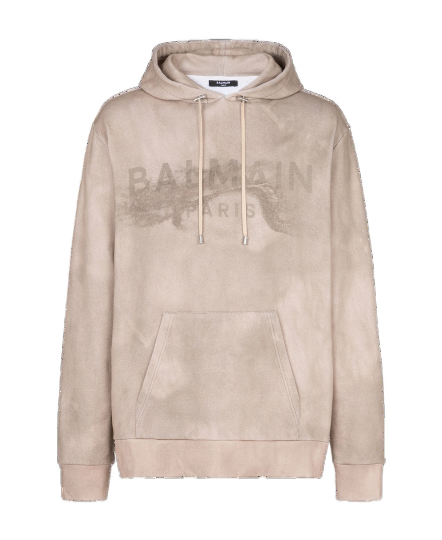 Shop Balmain Hoodie In Eco-responsible Cotton With Paris Desert Logo Print In Nude