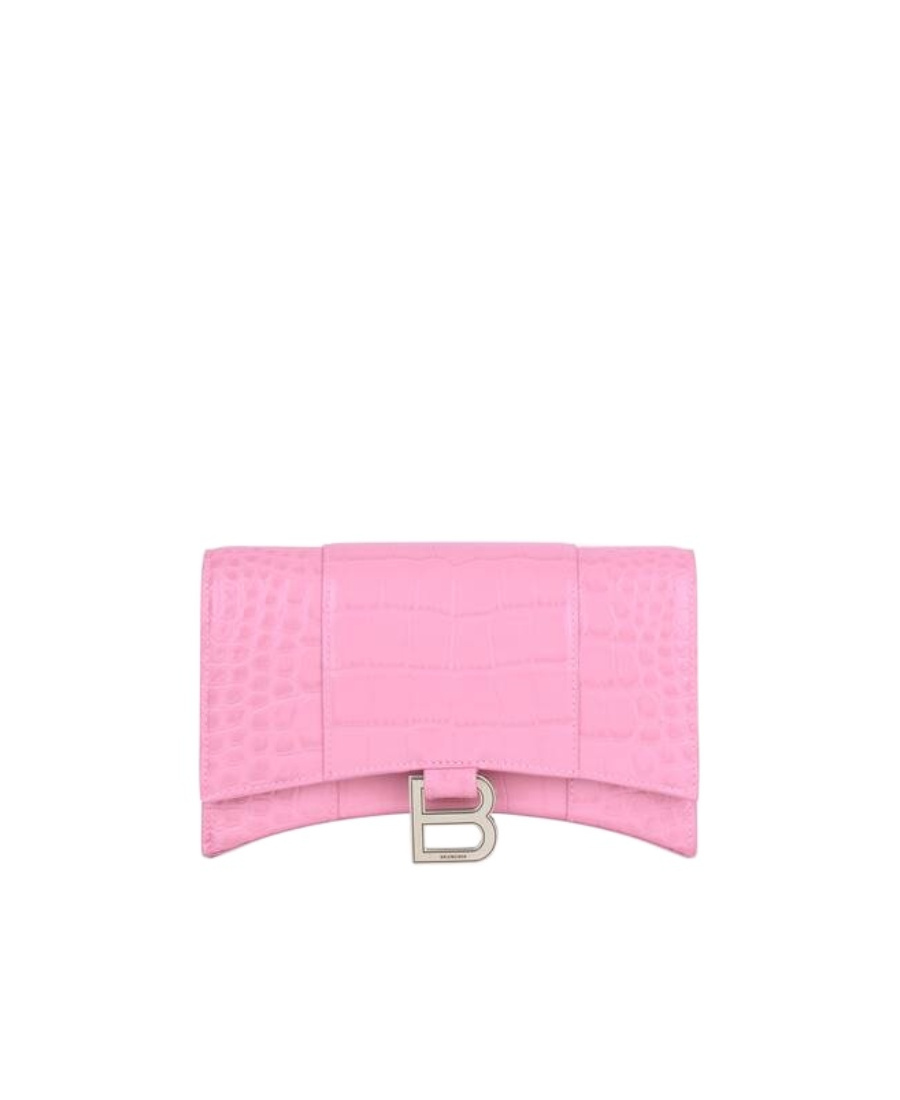 Balenciaga Hourglass Crocodile-embossed Chain Wallet In Pink
